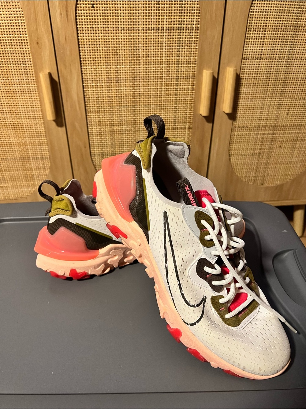 Nike React Element Sneakers in White, Pink, Olive, and Black